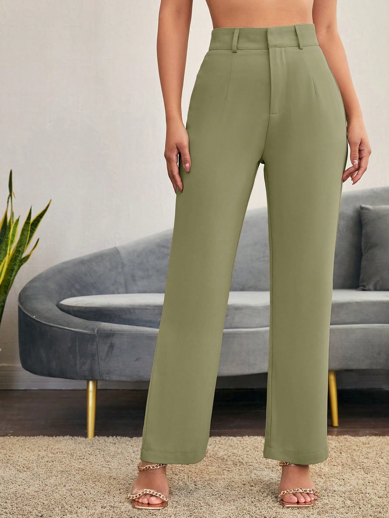 Solid High Rise Tailored Pants