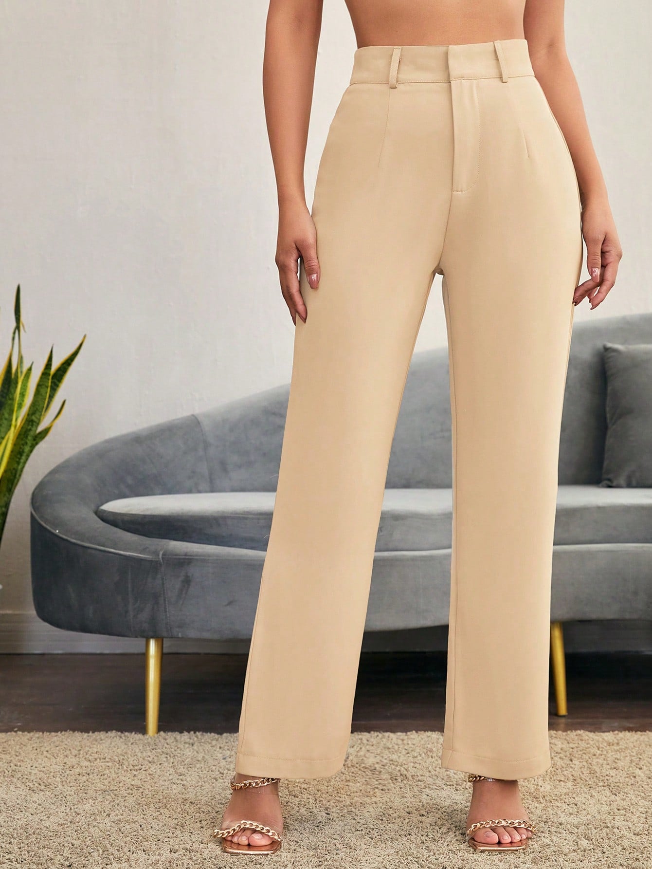 Solid High Rise Tailored Pants