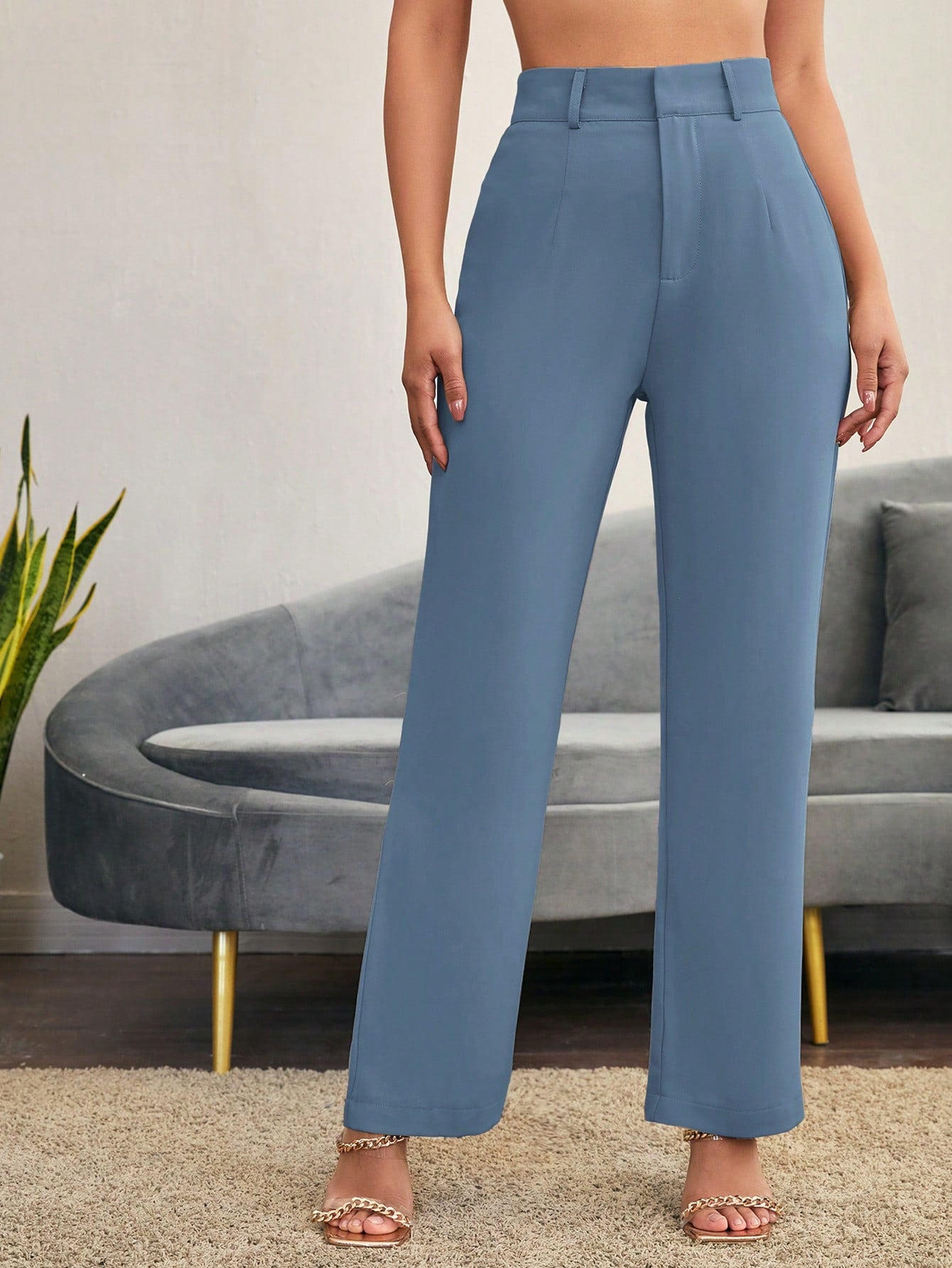 Solid High Rise Tailored Pants