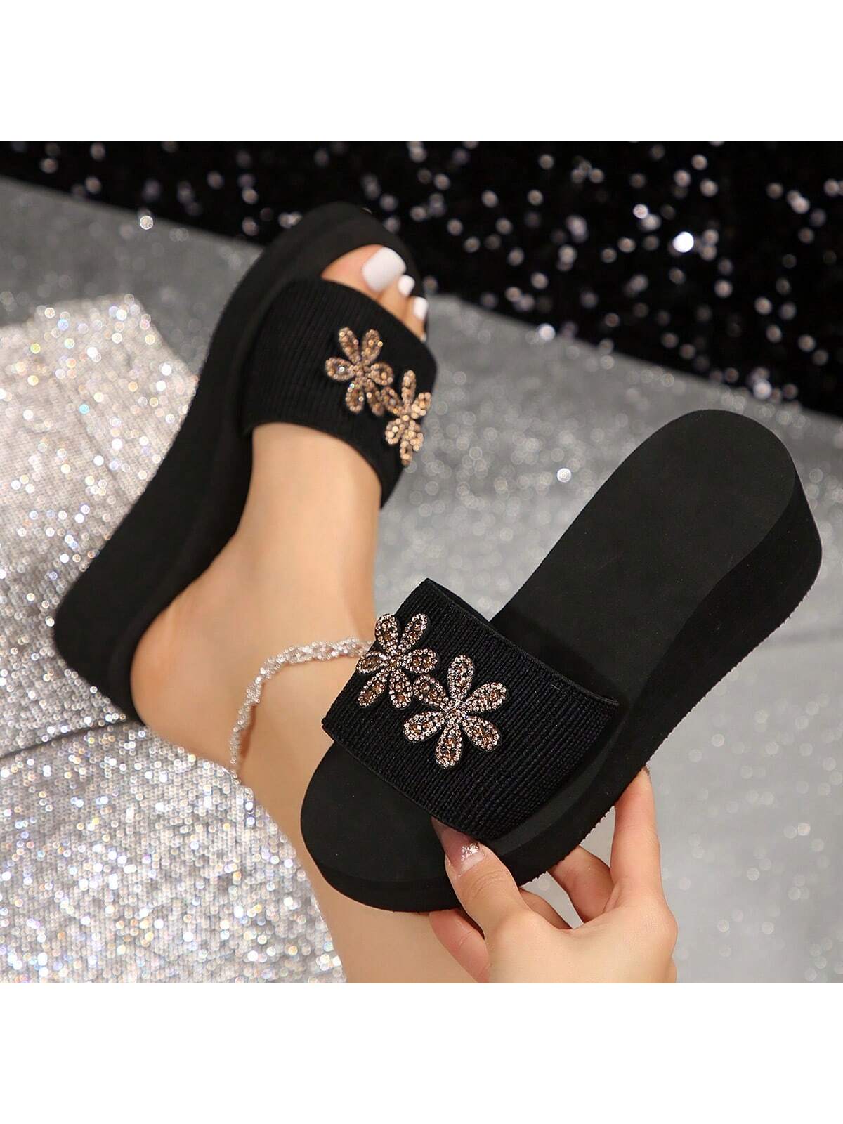 Rhinestone Butterfly Decor Wedge Sandals