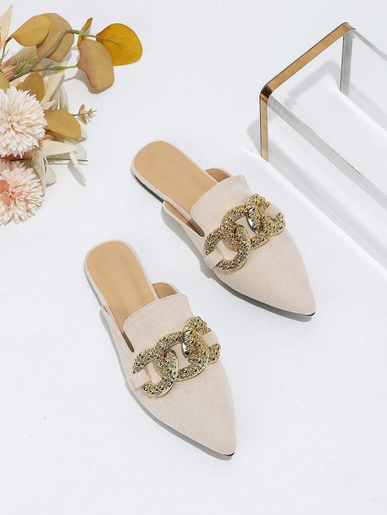 Women Elegant Flat Pointed Toe Pink Suede Mules With Metal Ring Buckle And Half Open Back