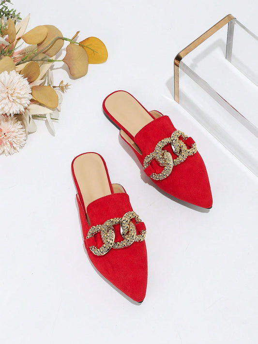 Women's Elegant Pointed Toe Red Velvet Mule Slippers With Large Metal Buckle And Circle Decoration On Low Heels