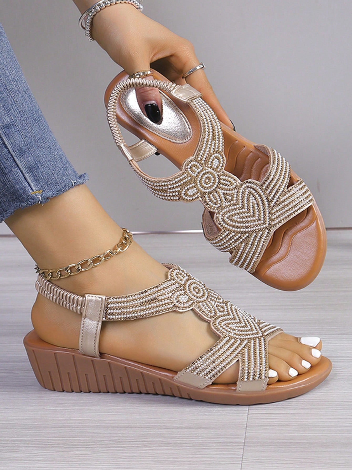 Women Rhinestone Decor Slingback Sandals, Fashion Fabric Wedge Sandals