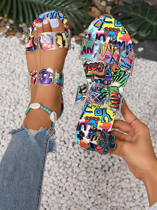 Women Fashionable Round Toe Foreign Trade Large Size Open Toe Letter Print Graffiti Blue Transparent Strap Beach Flat Slipper