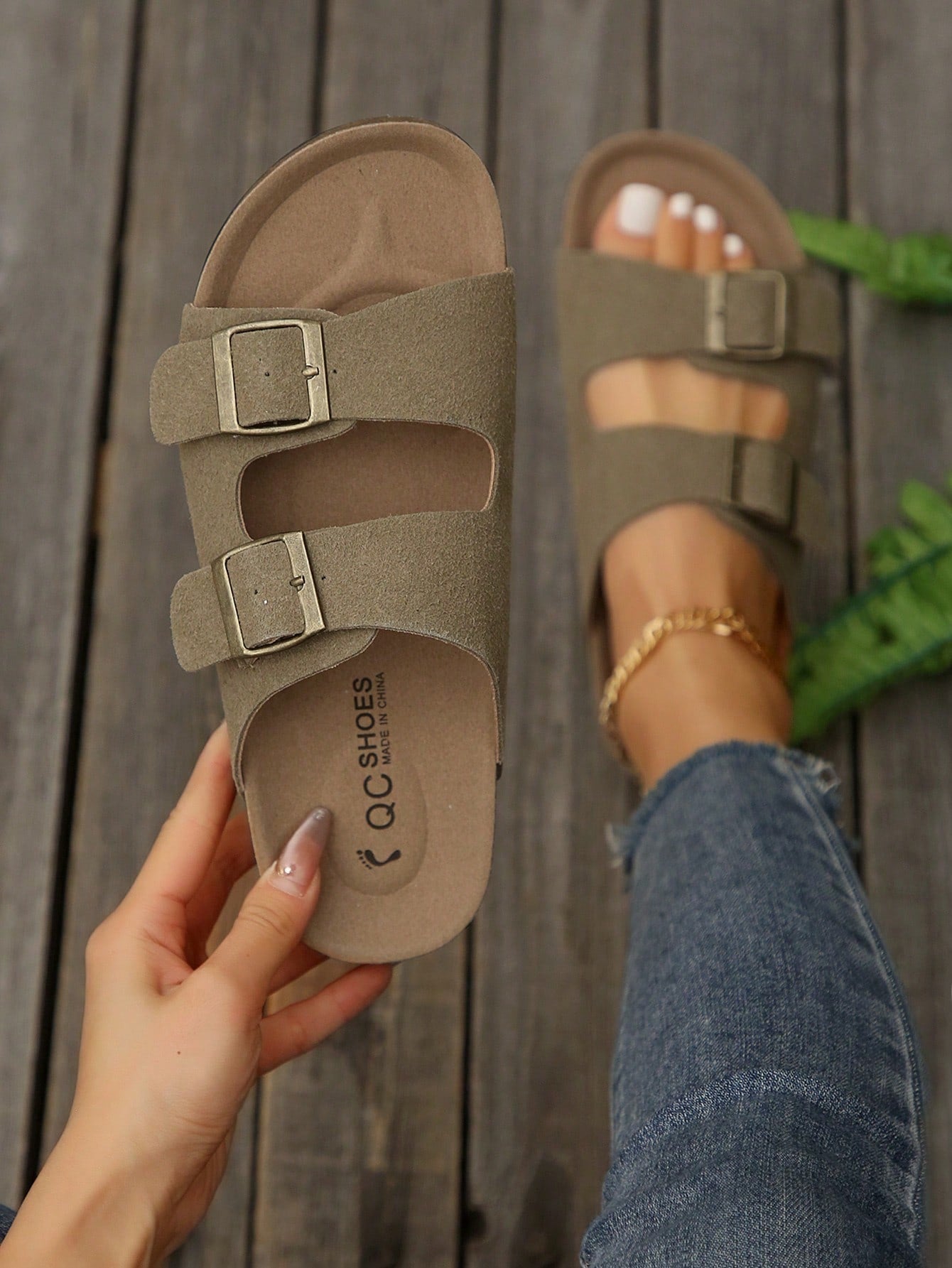 Women's Simple Summer Open Back Comfortable Holiday Buckle Flat Mules Sandals In Beige Color