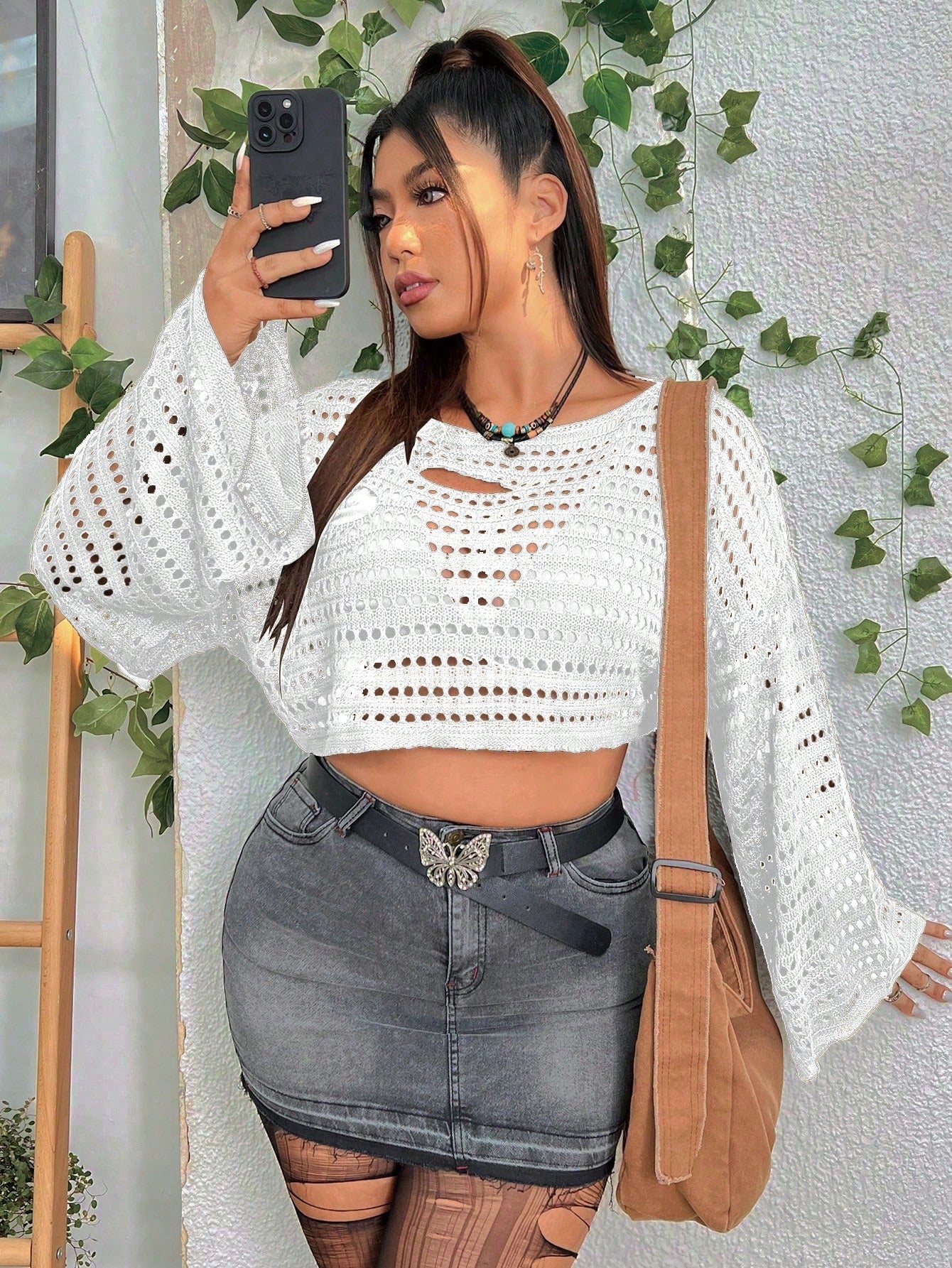 PUNK Plus Size Holiday Solid Color Hollow Out Knitted Cropped Sweater With Flared Sleeves