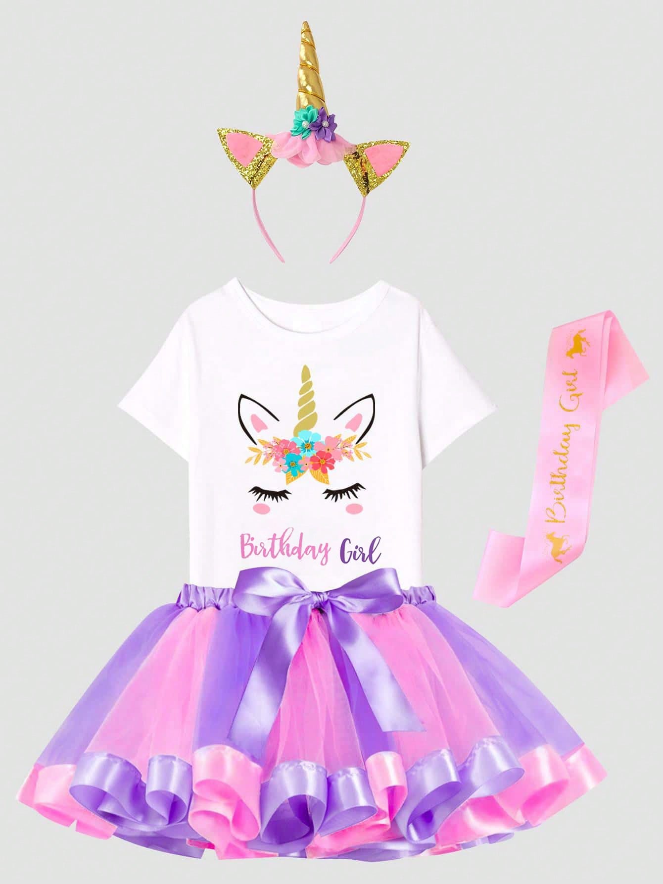 Young Girl Unicorn & Letter Printed T-Shirt And Purple-Pink Mesh Tutu Skirt Party Outfit Including Headband And Ribbon