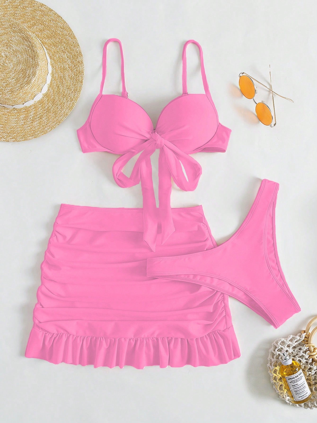 Swim Mod Summer Beach Solid Bikini Set Knot Front Push Up Bra & High Cut Bottom & Ruched Beach Skirt 3 Piece Bathing Suit