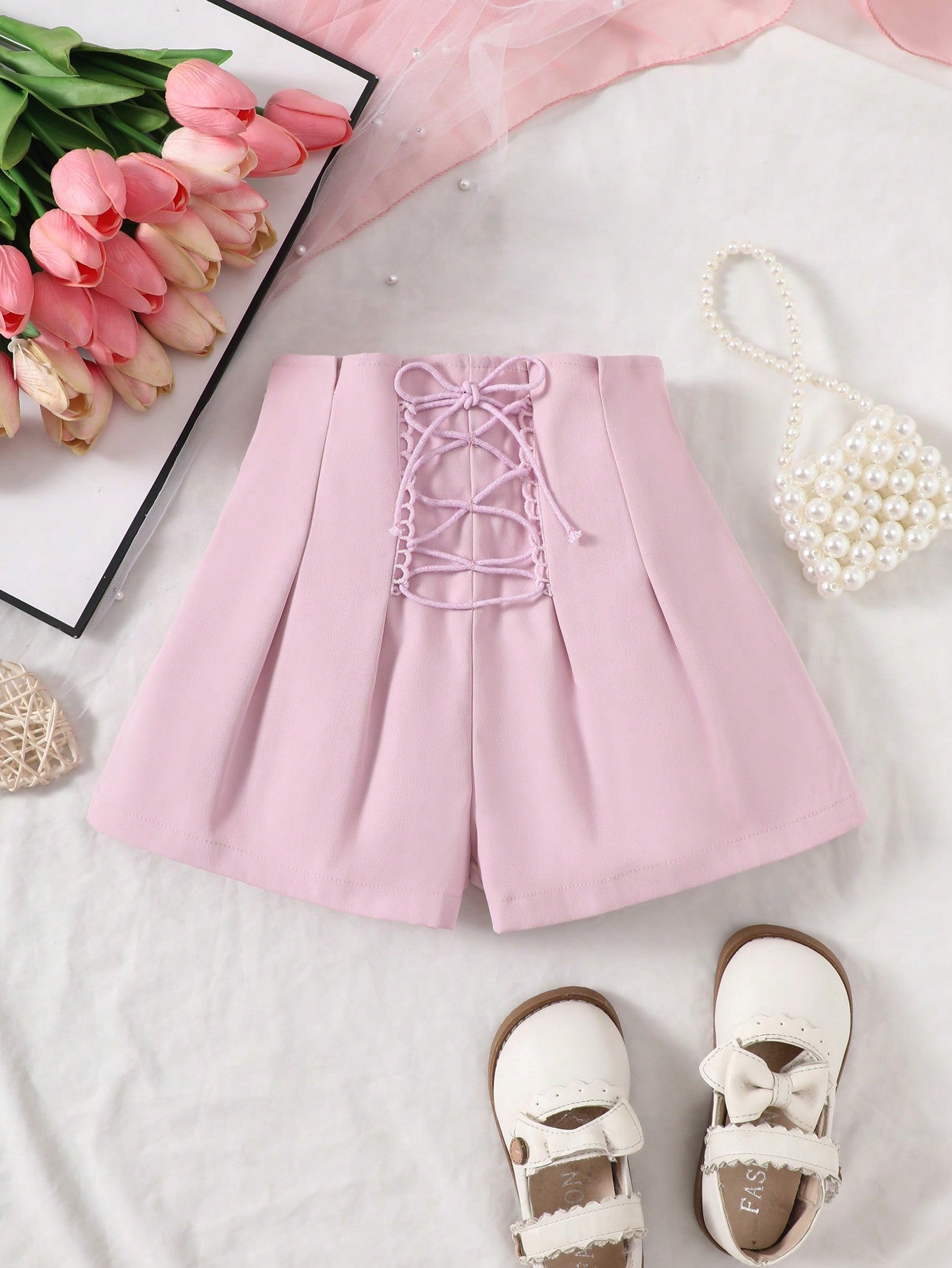 Young Girl Woven Solid Color Loose Fit Casual Shorts With Ruffle Hem