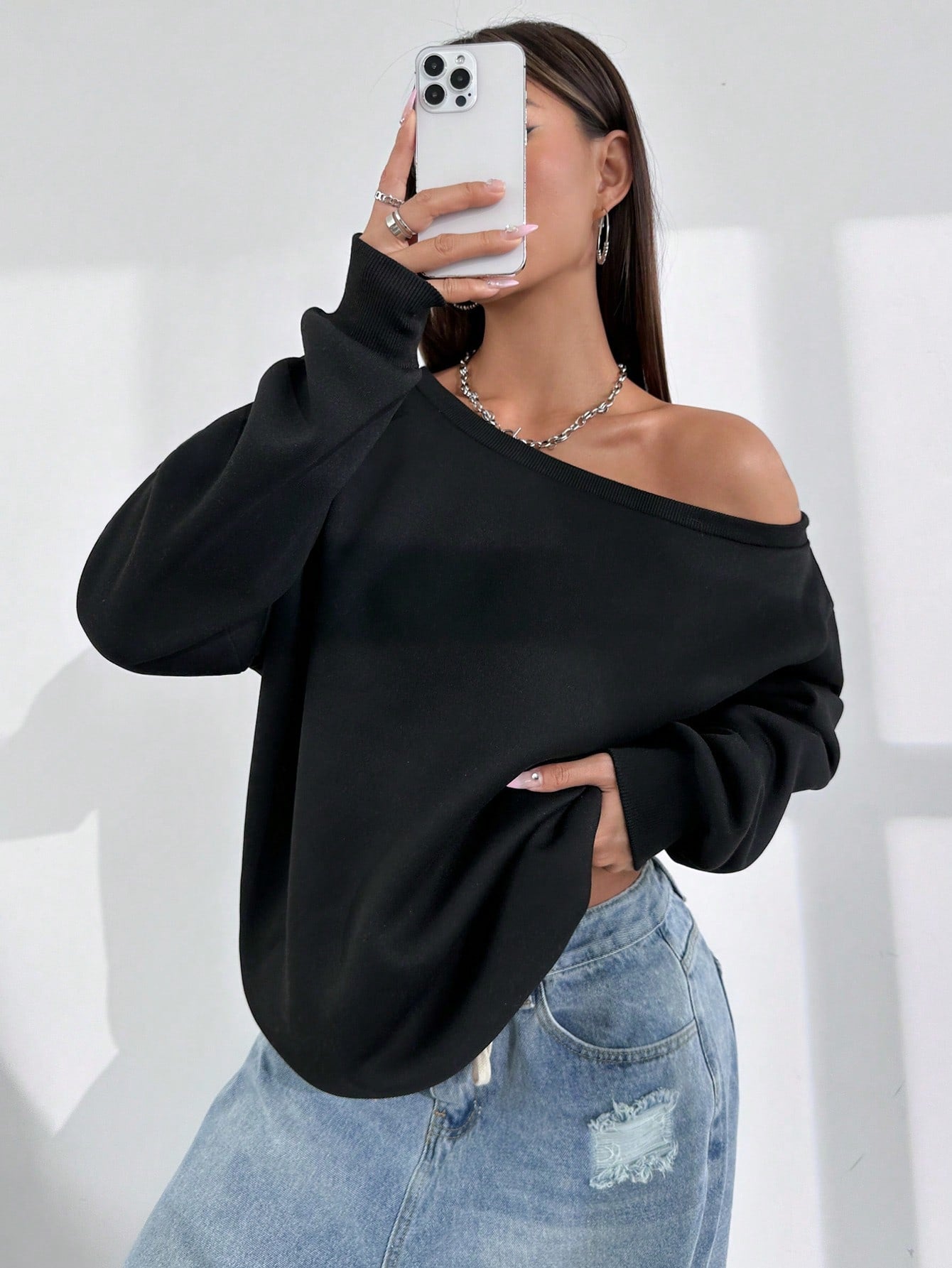 Irregular Shoulder Loose Solid Color Sweatshirt, Spring And Autumn Style