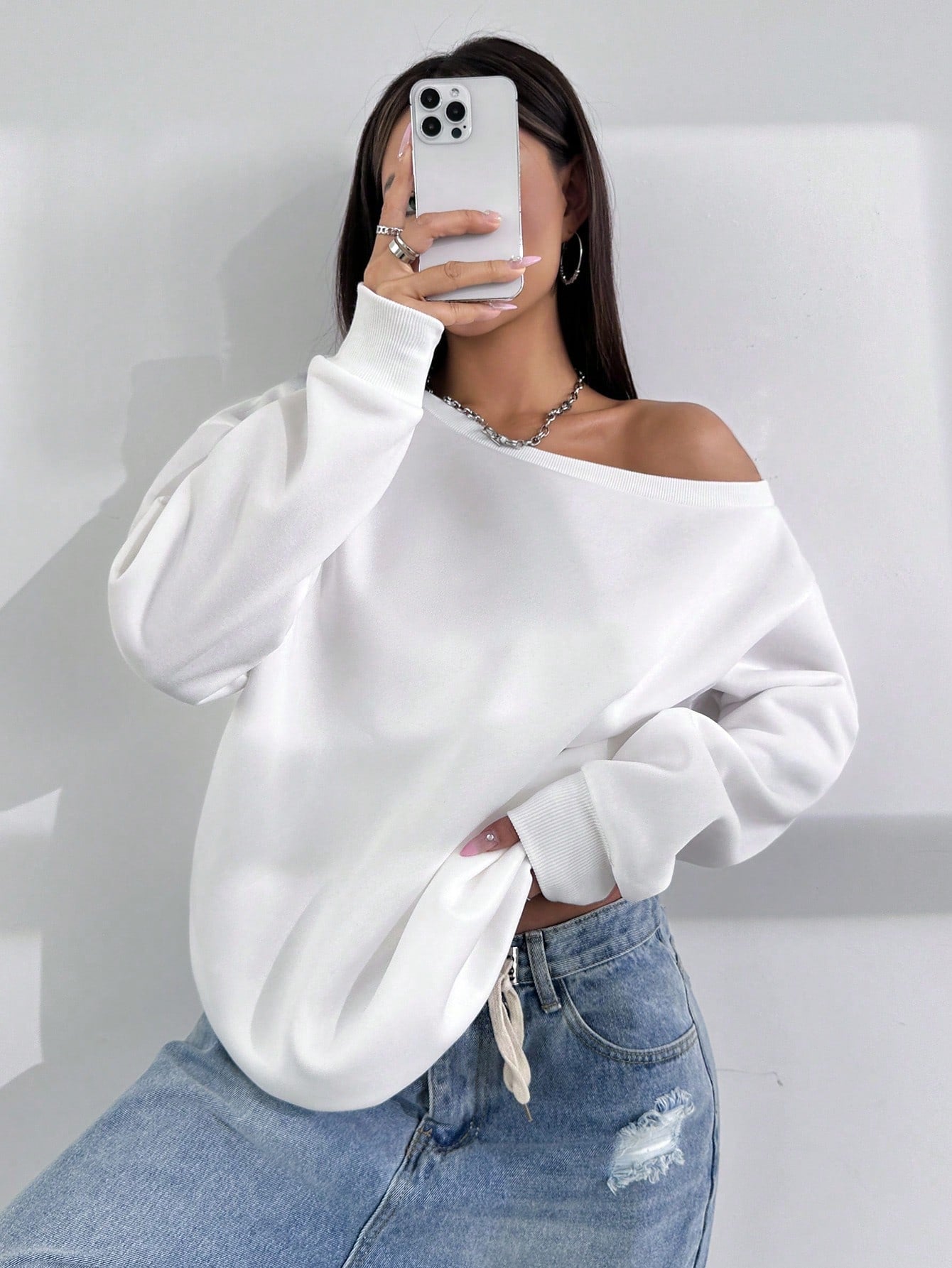 Solid Color Irregular Drop Shoulder Sweatshirt