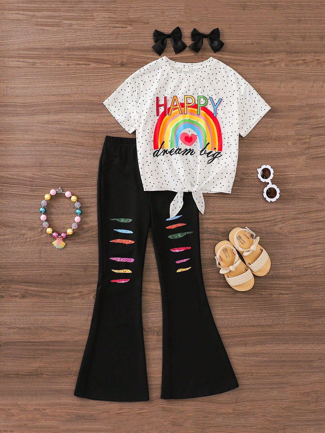 Tween Girl Everyday Casual Rainbow Short Sleeved Knit Top And Knit Long Flared Pants Set, Spring/Summer