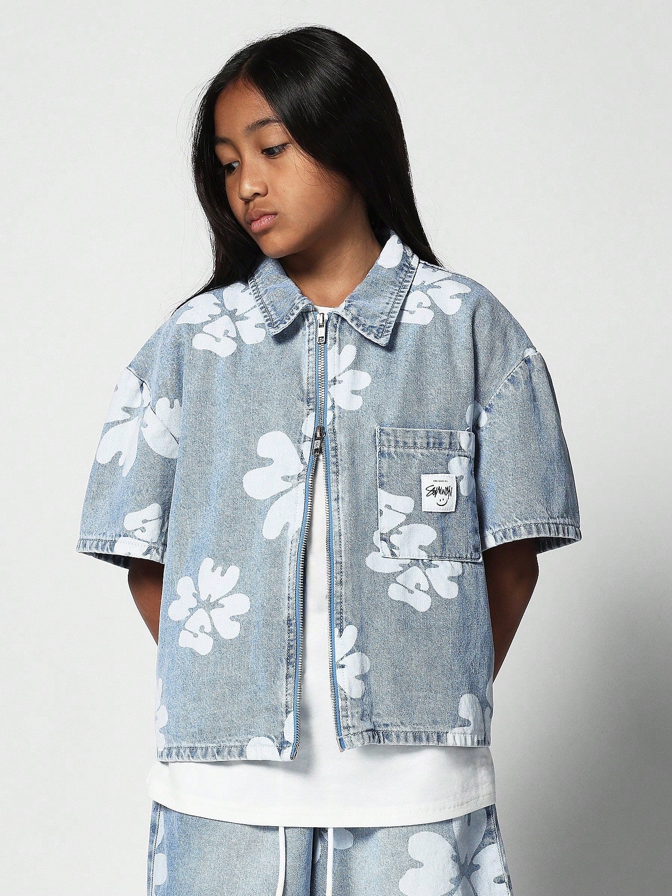 Kids Unisex Denim Zip Through Shirt With All Over Print