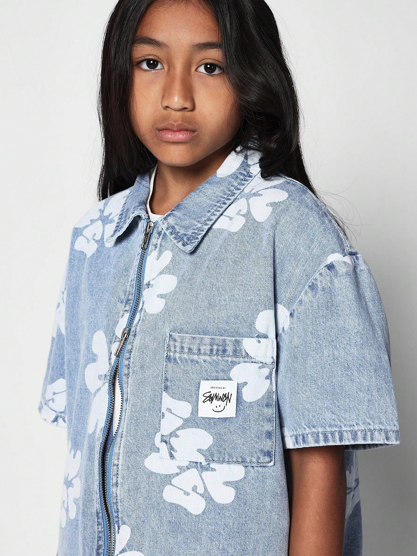 Kids Unisex Denim Zip Through Shirt With All Over Print