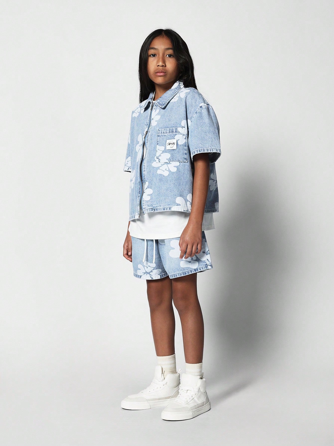 Kids Unisex Denim Zip Through Shirt With All Over Print