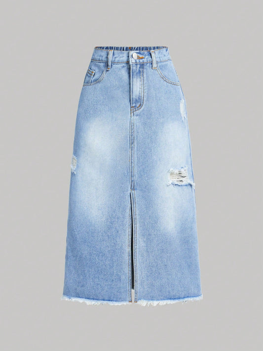 Tween Girls' Spring/Summer Distressed Denim Skirt With Frayed Hem And Split