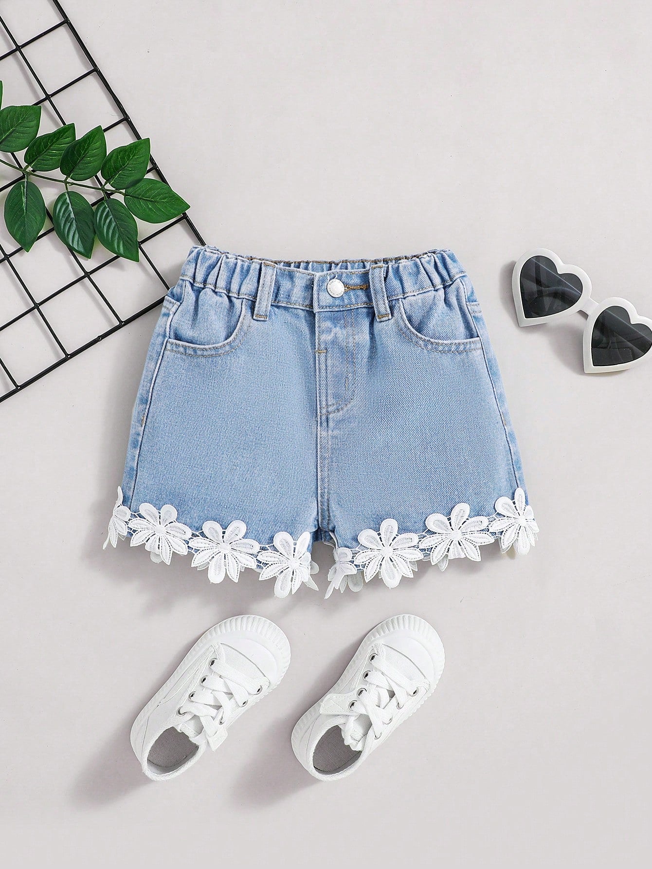 Young Girl Spring Summer Boho Cute Lace Trim Elastic Waistband Loose Fit Comfortable Denim Shorts