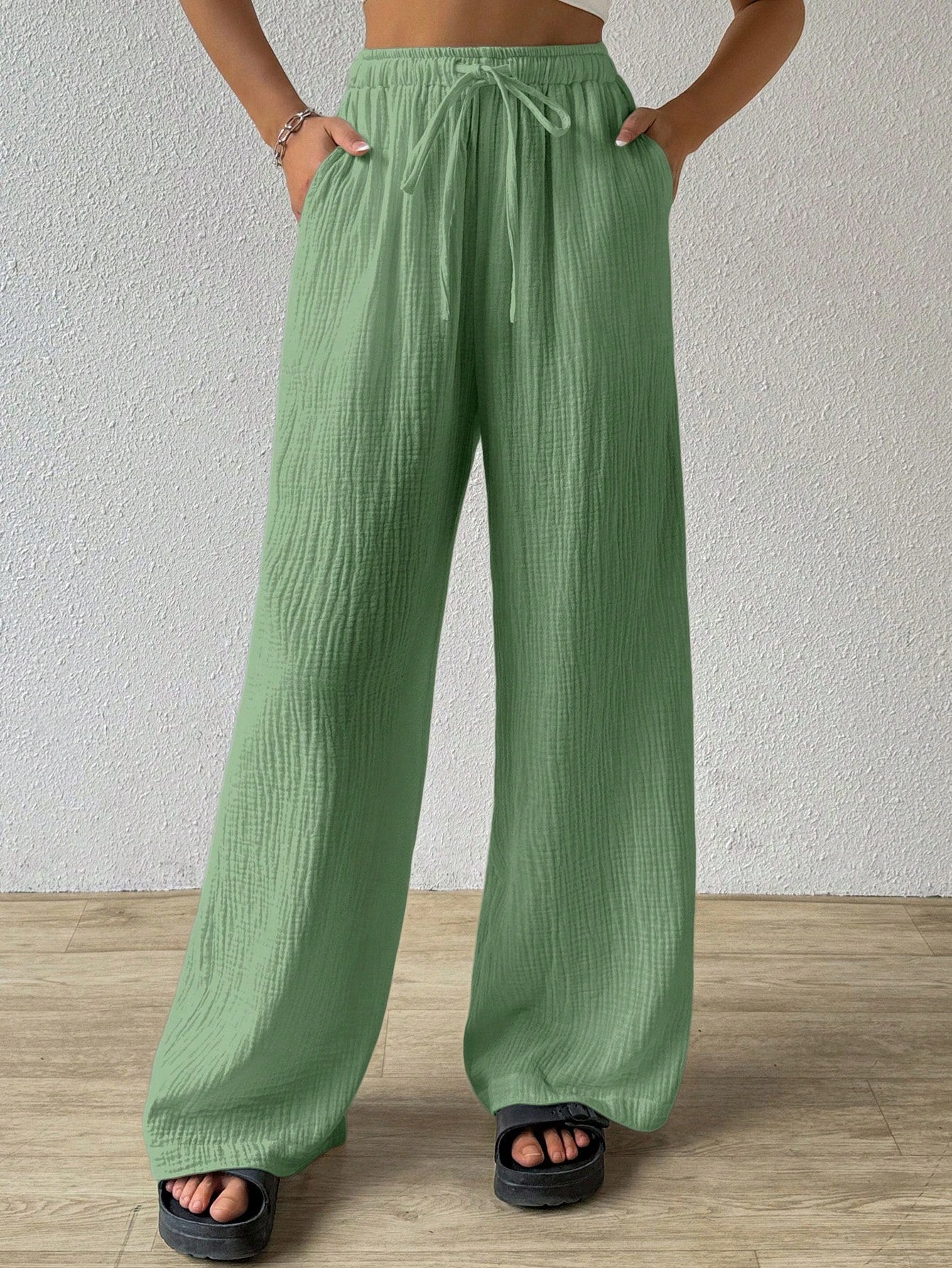 Cotton  Loose Texture Wrinkle Fabric Drawstring Waist Long Pants