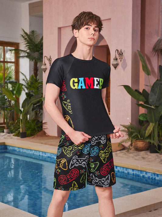 Teen Boy Gaming Controller Pattern Printed Short Sleeve Shirt, Short And Swimwear Set With Swimming Cap