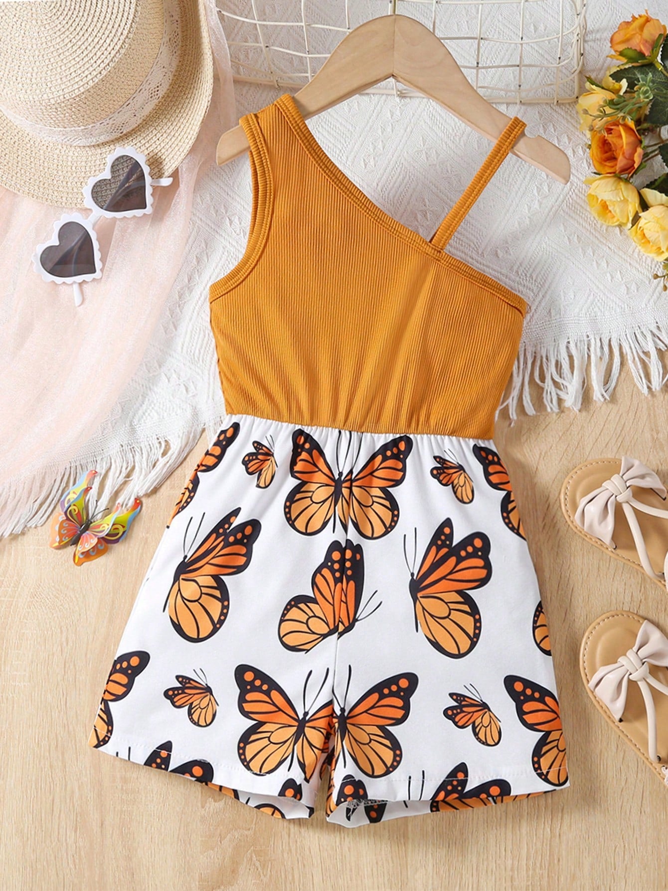 Young Girl Casual And Vacation Butterfly Element Printed Jumpsuit With Asymmetrical Shoulder Strap, Summer