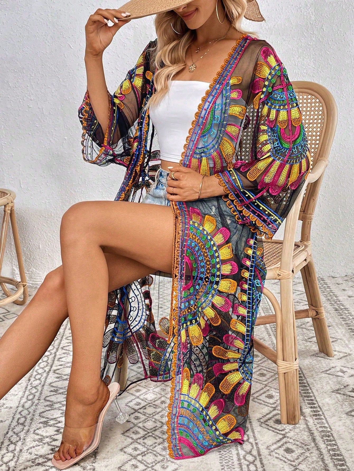 Swim Holiday Style Embroidered Mesh See-Through Kimono Cover-Up