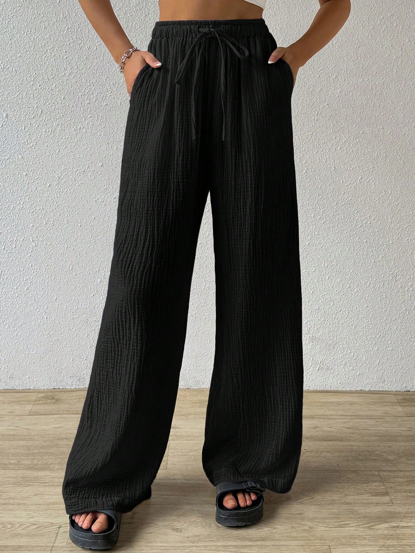 Cotton  Loose Texture Wrinkle Fabric Drawstring Waist Long Pants