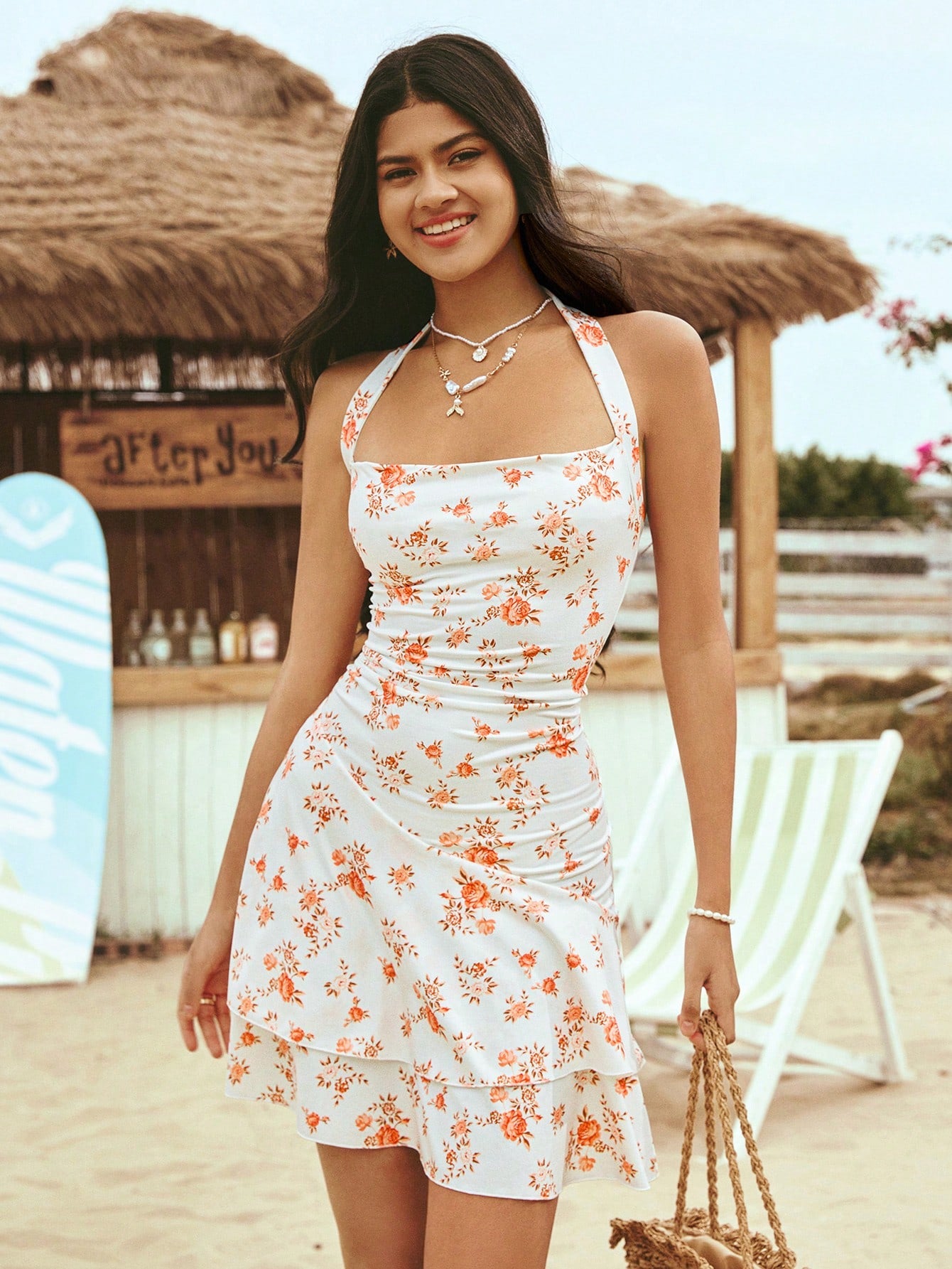 Vacation Style Floral Print Halter Neck Dress With Cinching Waist