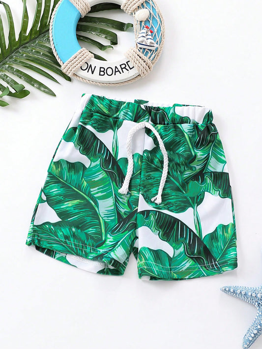 Young Boy Summer Beach Style Leaf Print Leisure Swim Trunks