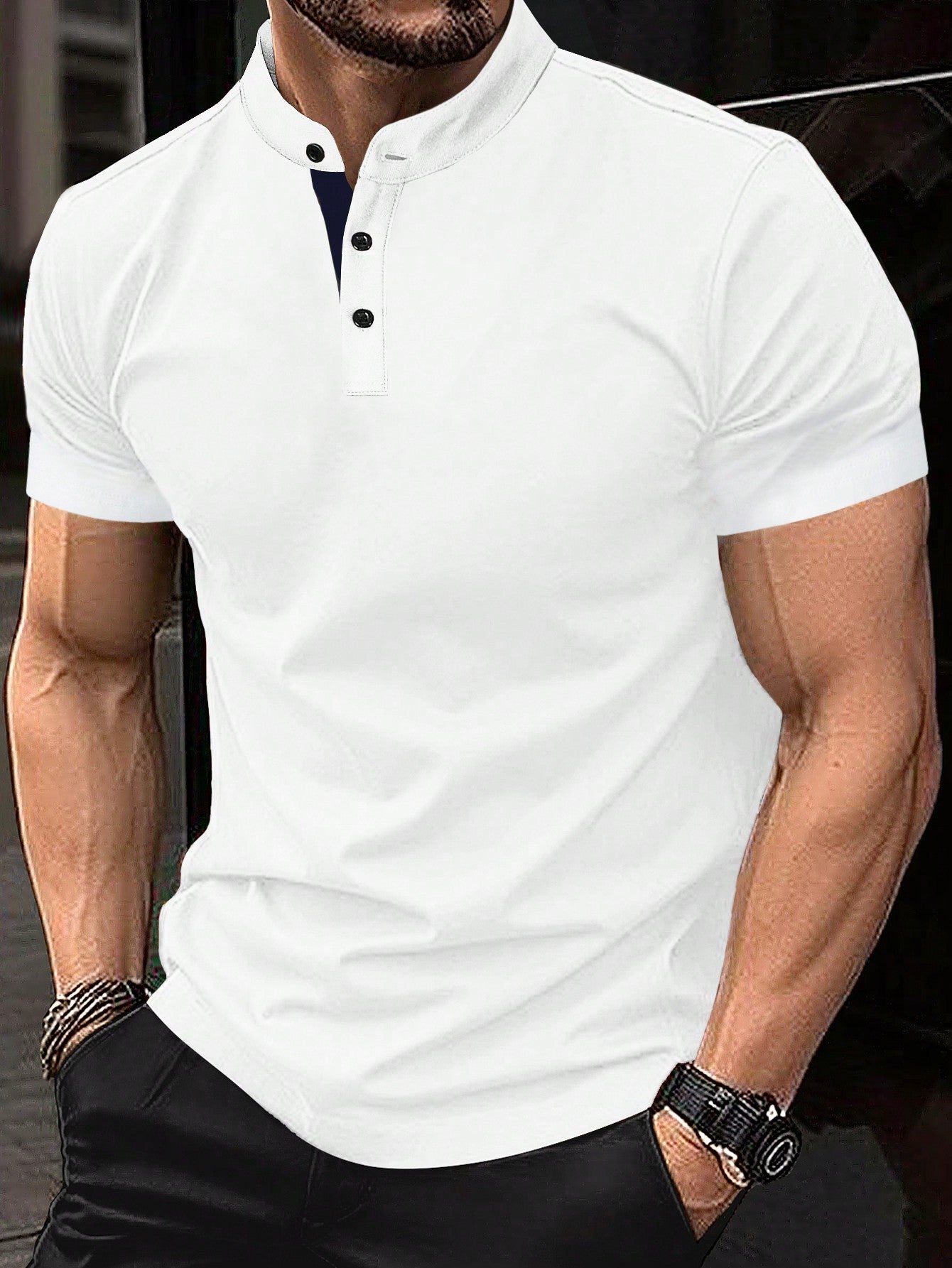 Men'S Solid Color Stand Collar Casual Polo Shirt