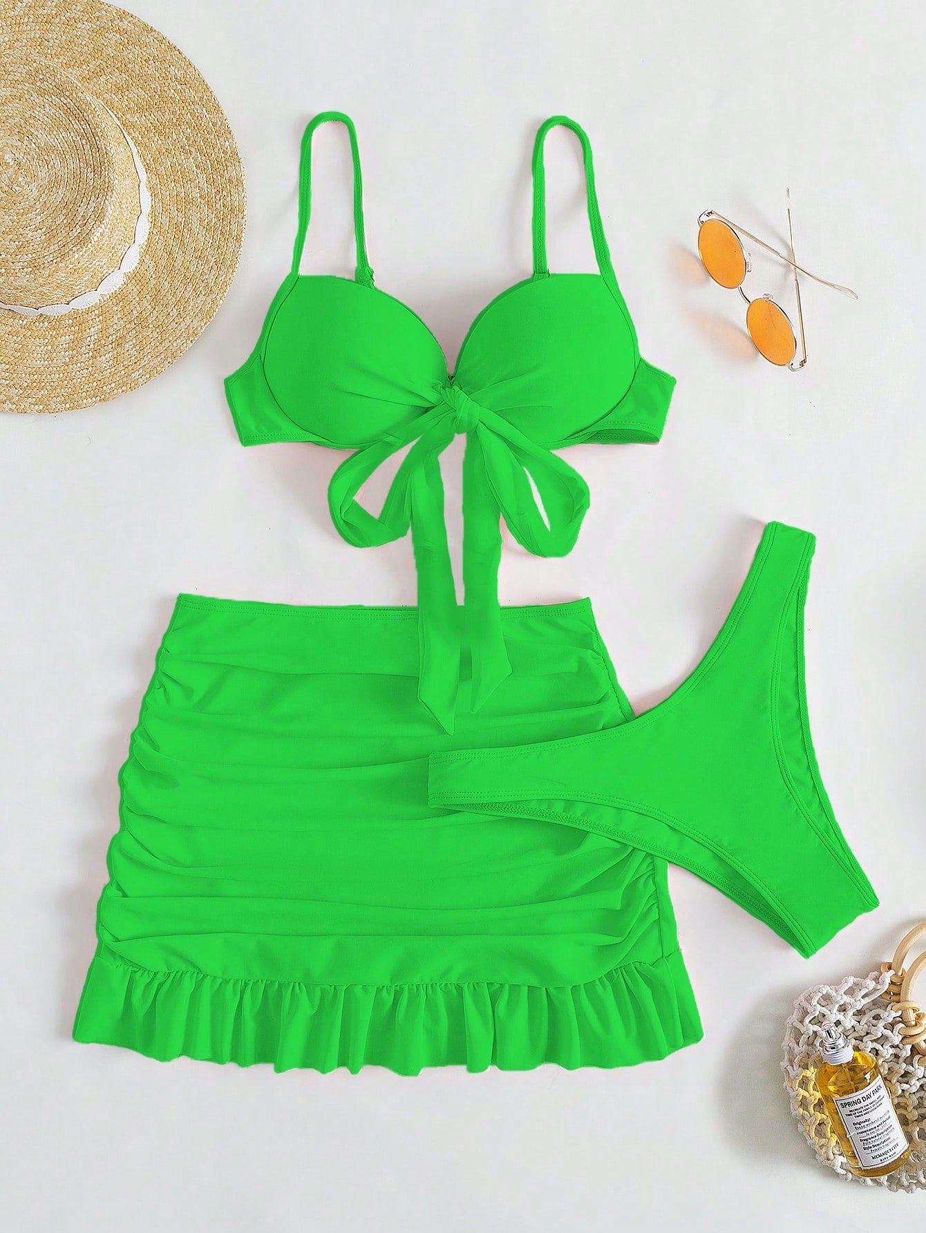 Swim Mod Summer Beach Solid Bikini Set Knot Front Push Up Bra & High Cut Bottom & Ruched Beach Skirt 3 Piece Bathing Suit