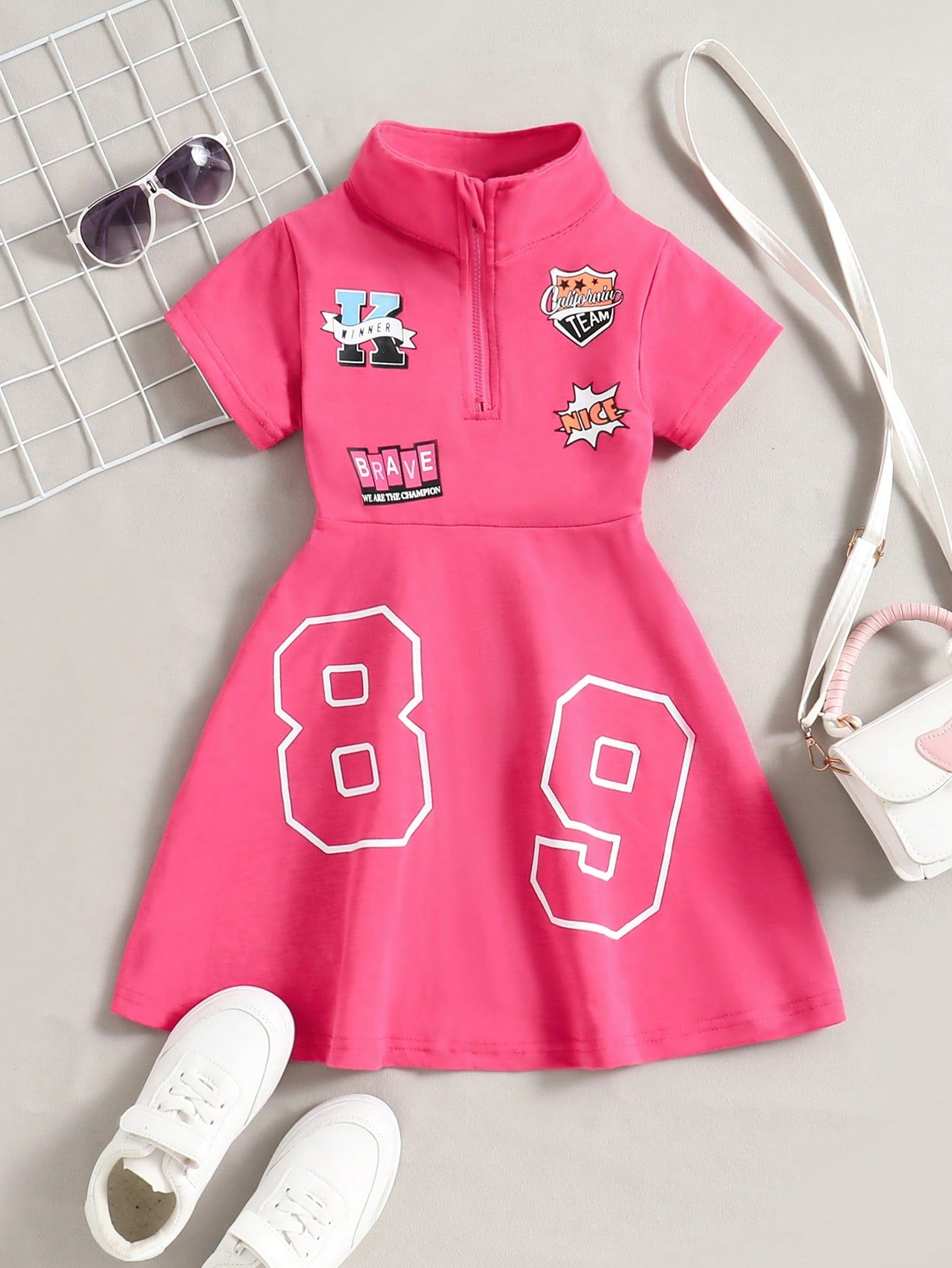 Young Girl Fashionable Pattern Printed Half-Zipper A-Line Dress For Spring And Summer