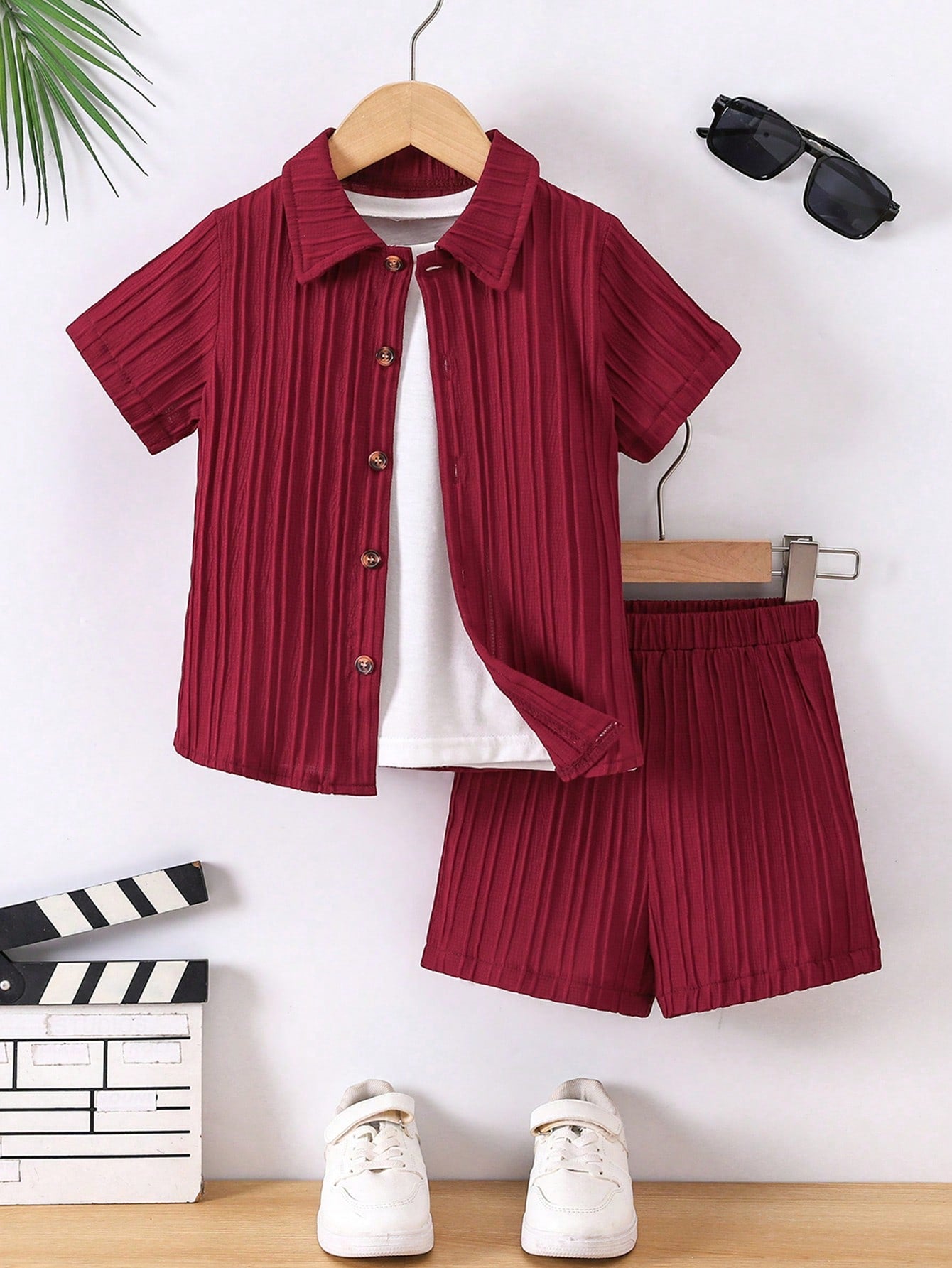 Young Boy Solid Button Front Shirt & Shorts Without Tee