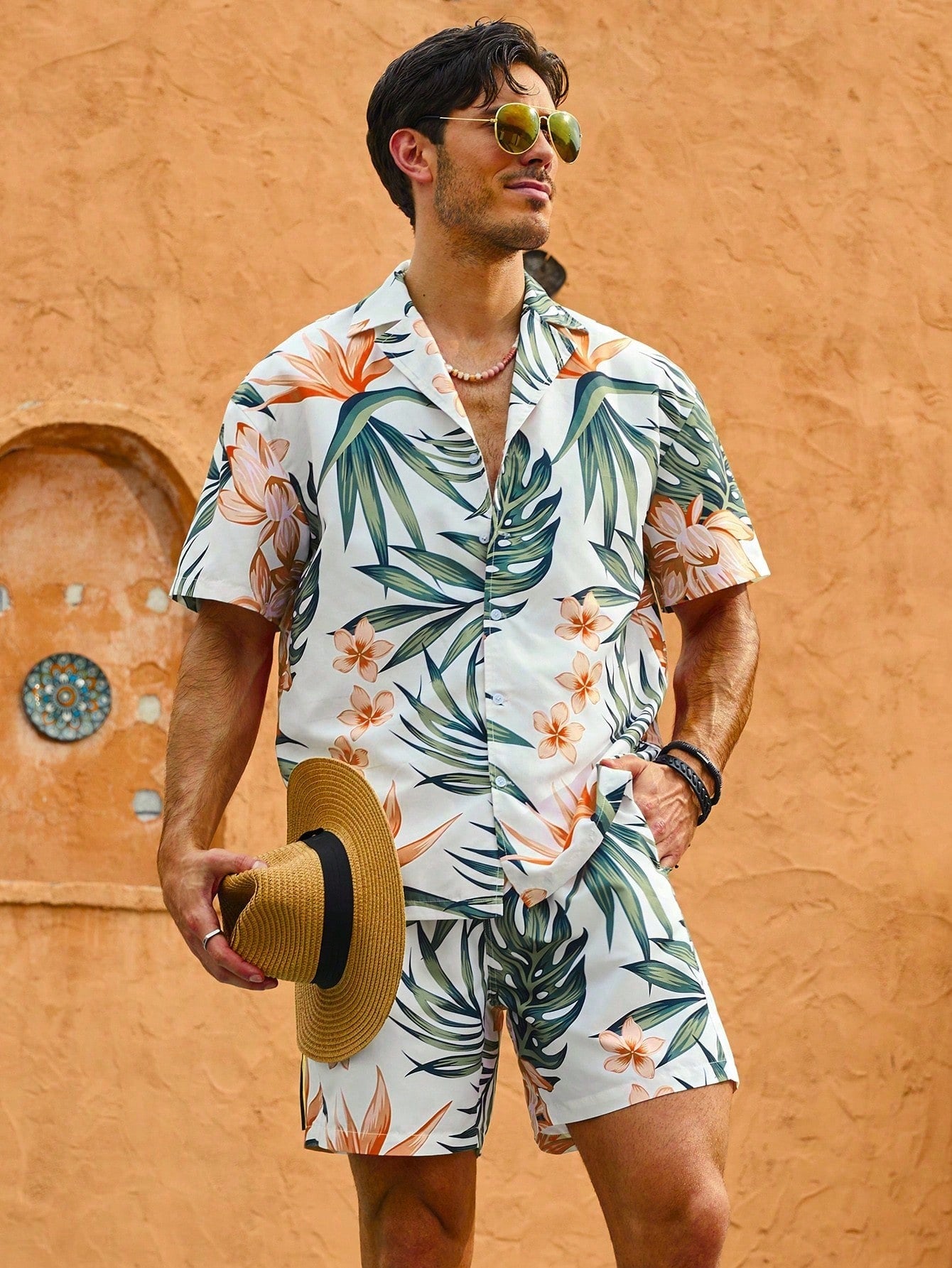 Men'S Tropical Plant Printed Short Sleeve Shirt And Shorts Beach Set