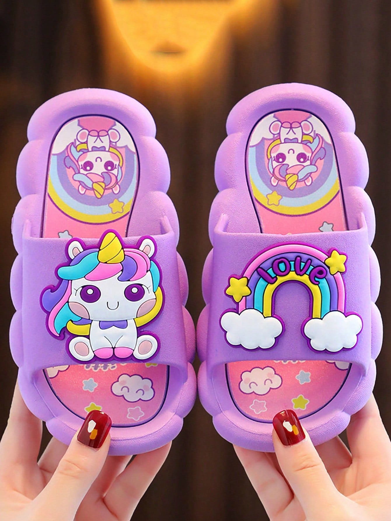 One Pair Of Purple Cartoon Cute Slippers For Girls And Babies, Soft Bottom And Anti-Slip For Bathroom, Home, Princess Style, Suitable For Summer Indoor And Outdoor Beach