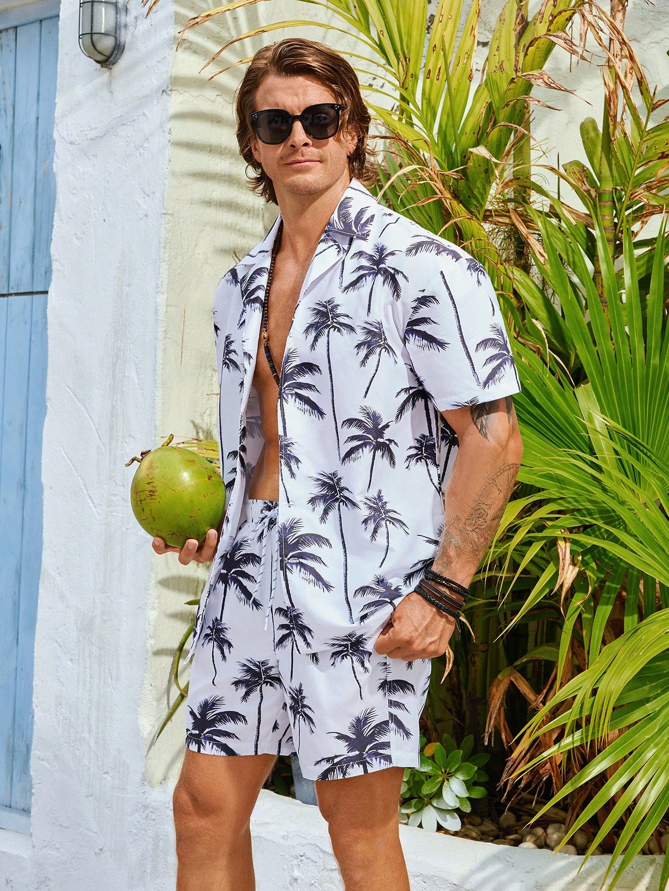 Men's Coconut Tree Printed Short Sleeve Shirt And Long Pants Beach Vacation Casual Set