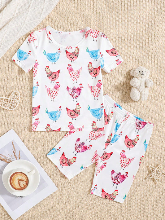 Young Girl Cartoon Rooster Print Short Sleeve T-Shirt And Shorts Set, Casual Homewear