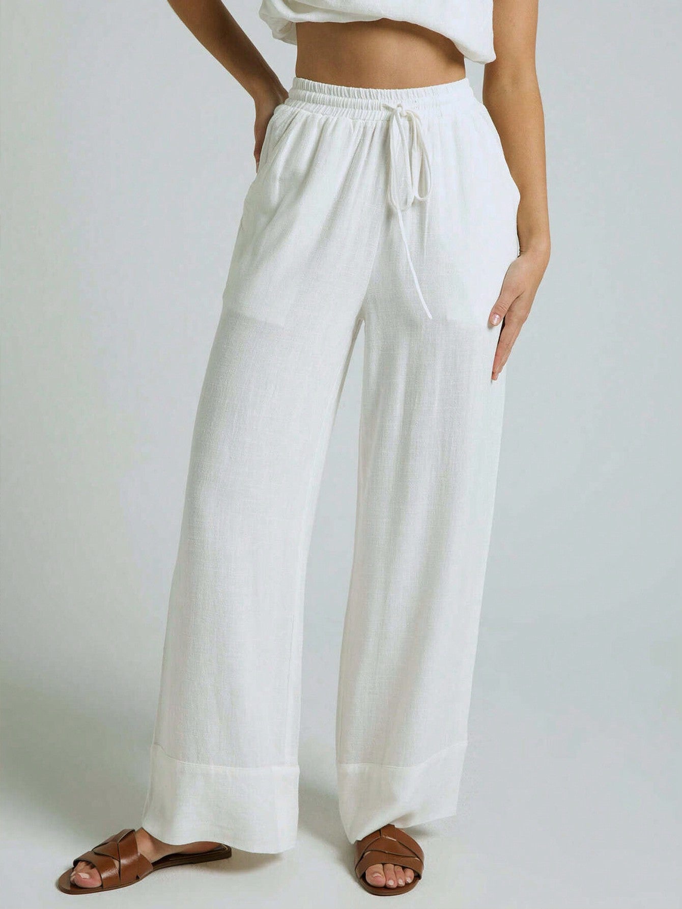 White Woven Women's Wide Leg Pants