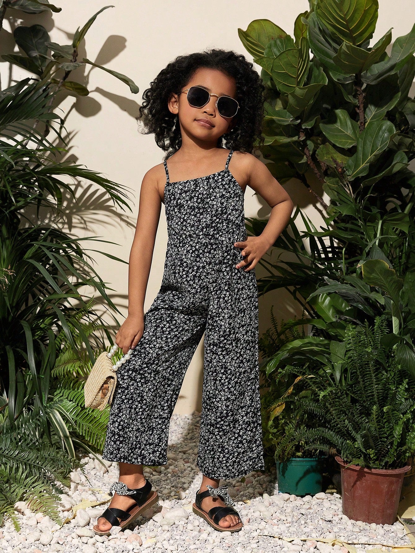 Young Girls' Holiday Casual Loose Fit Floral Print Jumpsuit With Spaghetti Straps