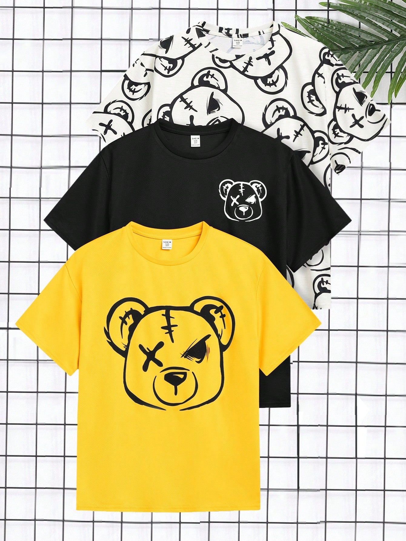 3pcs/Set Tween Boys' Casual Korean Style Bear Pattern Printed Loose Fit Knitted Short Sleeve Tee Shirts, 3 Colors Each