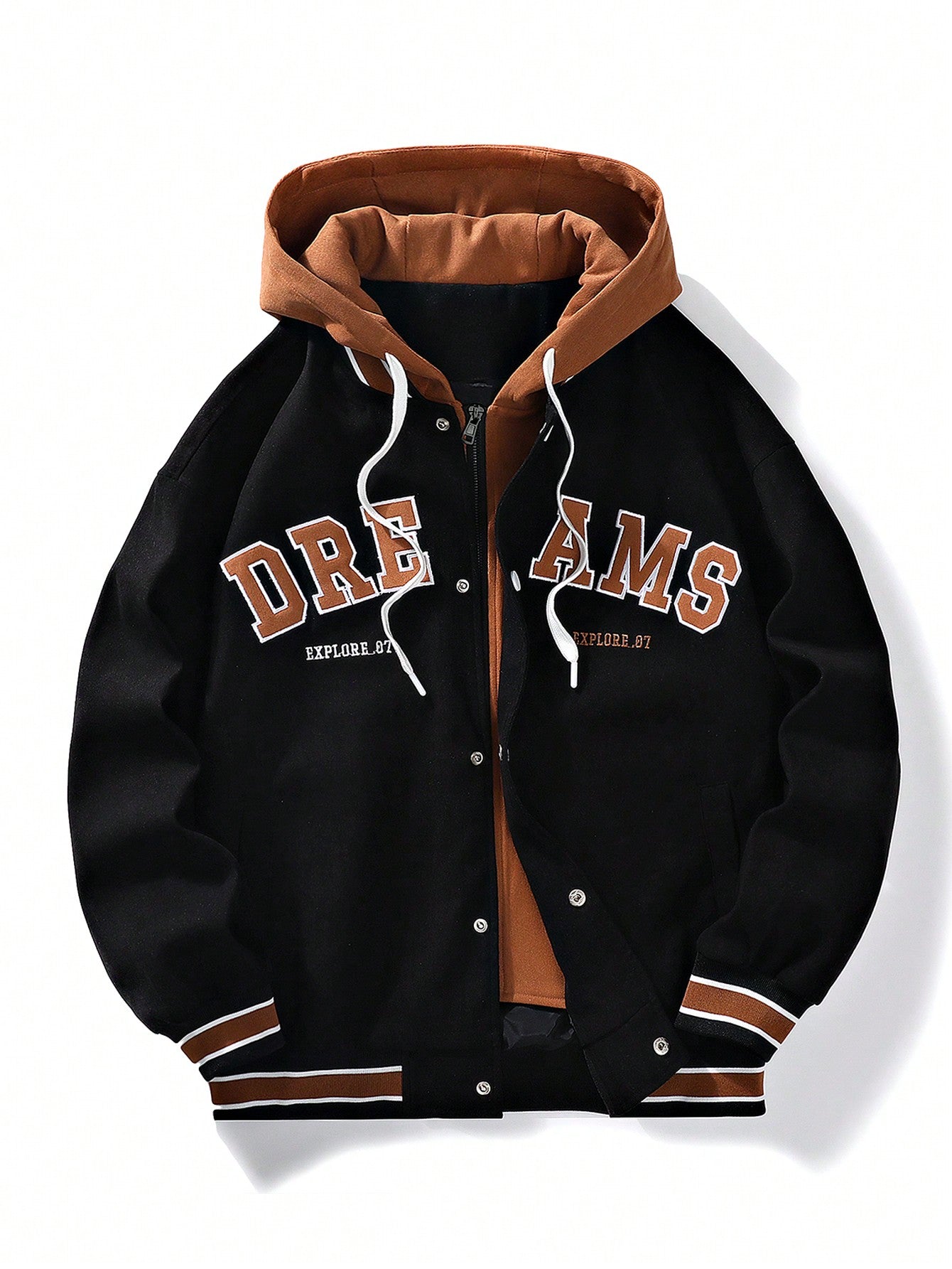 Men Plus Embroidery Letter Pattern Striped Trim Drawstring Hooded Jacket