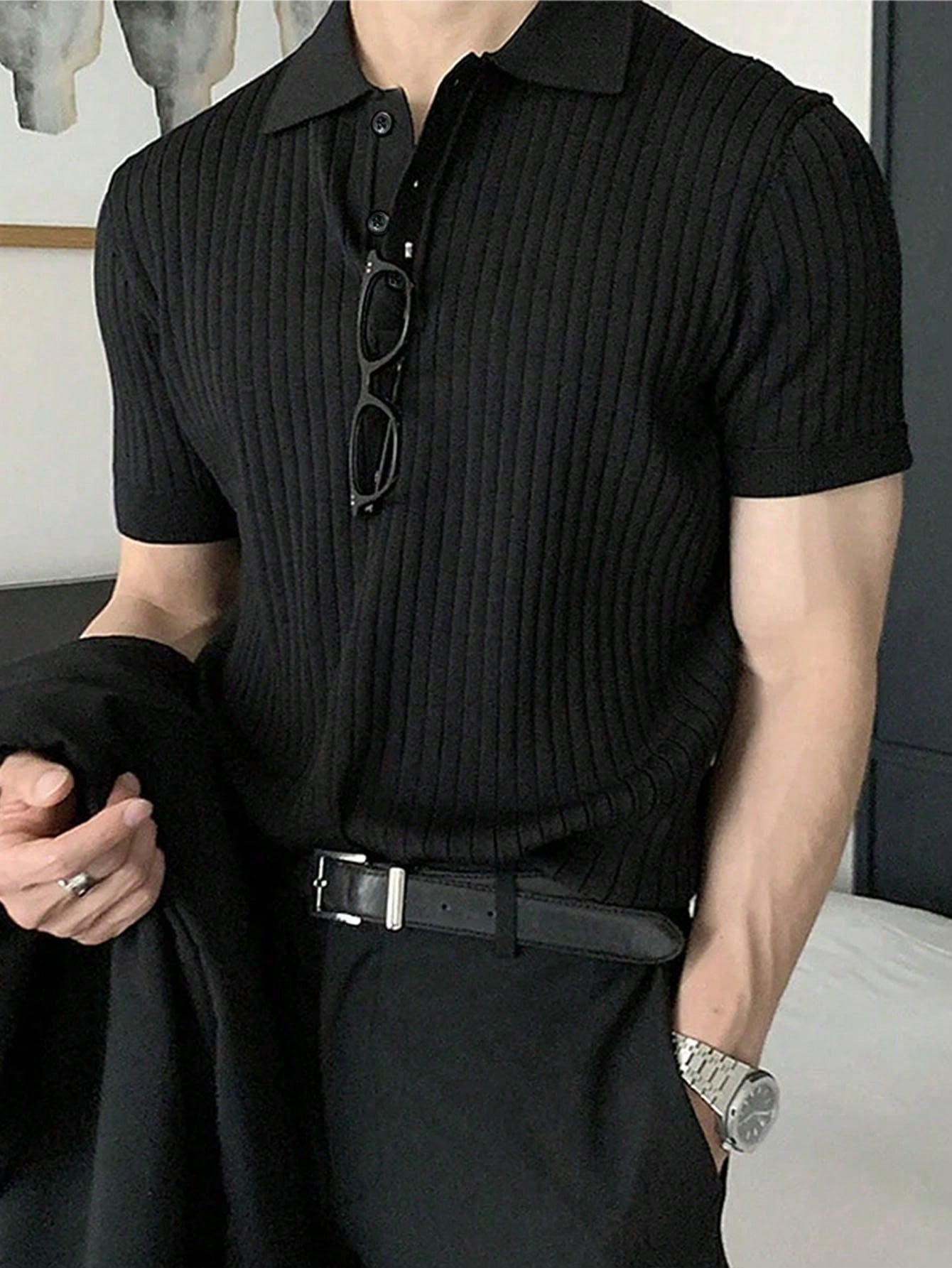 Men Ribbed Knit Polo Shirt