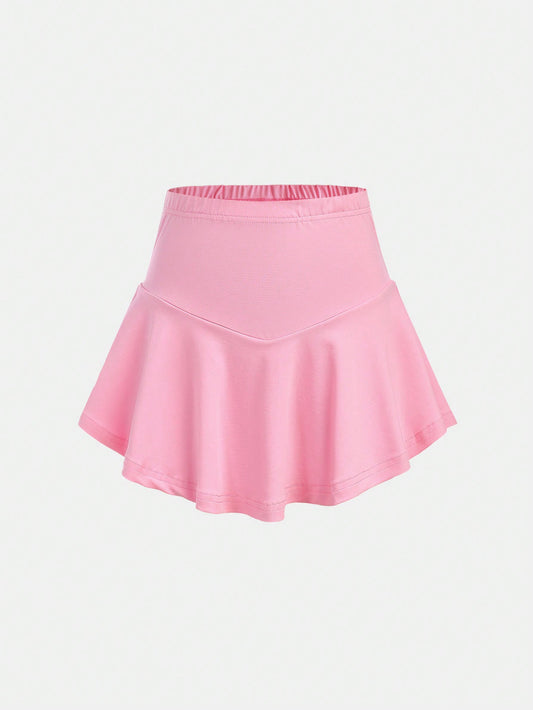 Tween Girl Comfortable Knit Solid Color Skorts With Fan Hem