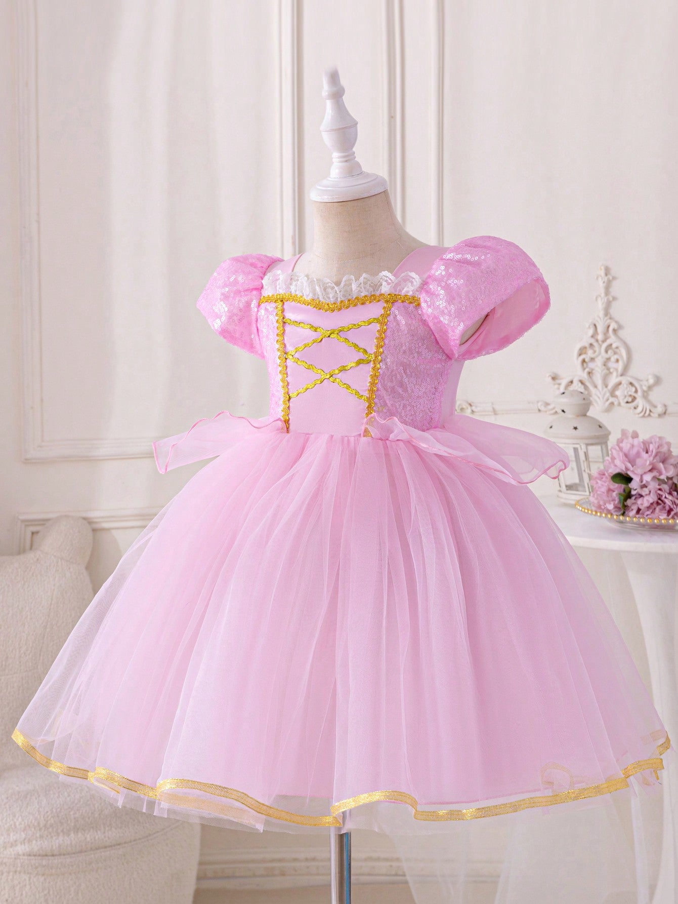 Young Girl Sparkly Patchwork Tulle Party Dress With Puffy Skirt, Suitable For Formal Occasion