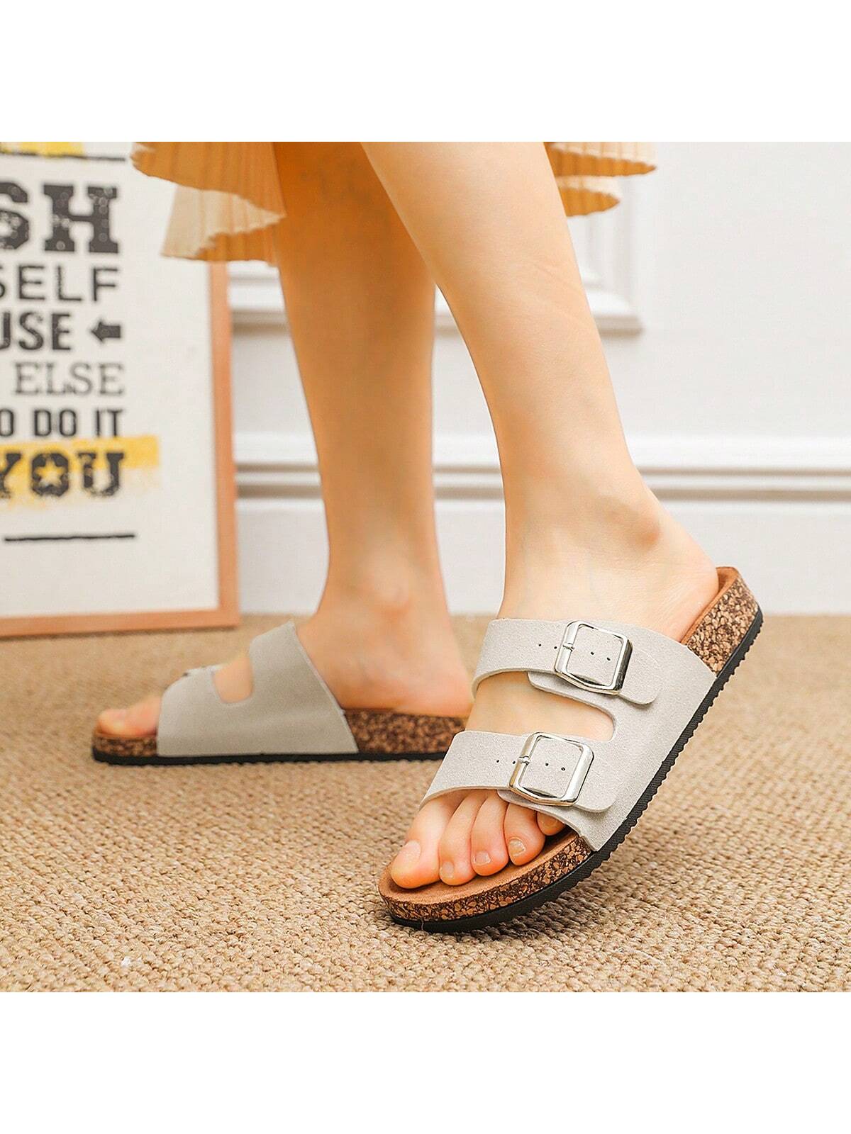 Trendy Buckle Flat Cork Slippers, Unisex Beach One-Strap Sandals, Fashionable Versatile Outdoor Casual Slipper For Summer