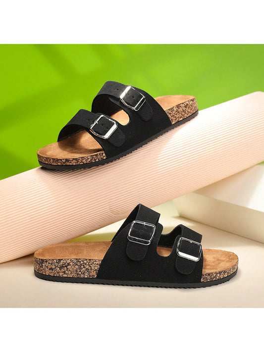 Trendy Buckle Flat Cork Slippers Unisex Summer Beach Slides Fashionable Versatile Outdoor Casual Sandals