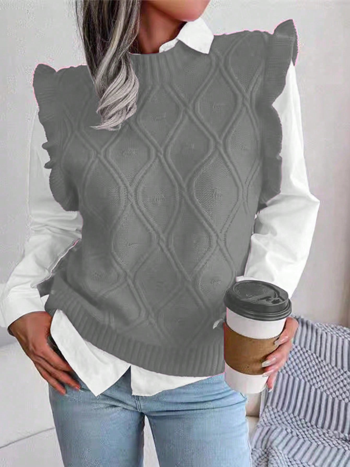 Plus Size Women's Round Neck Short Sleeve Sweater Vest For Spring And Autumn