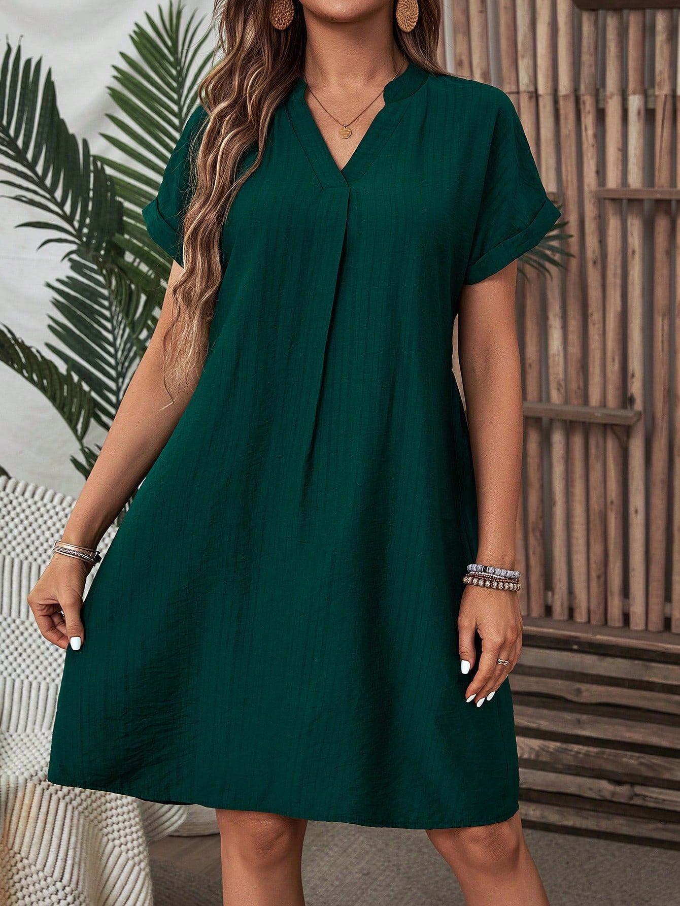 JORESS Solid Color V-Neck Batwing Sleeve Casual Summer Dress Green Dress