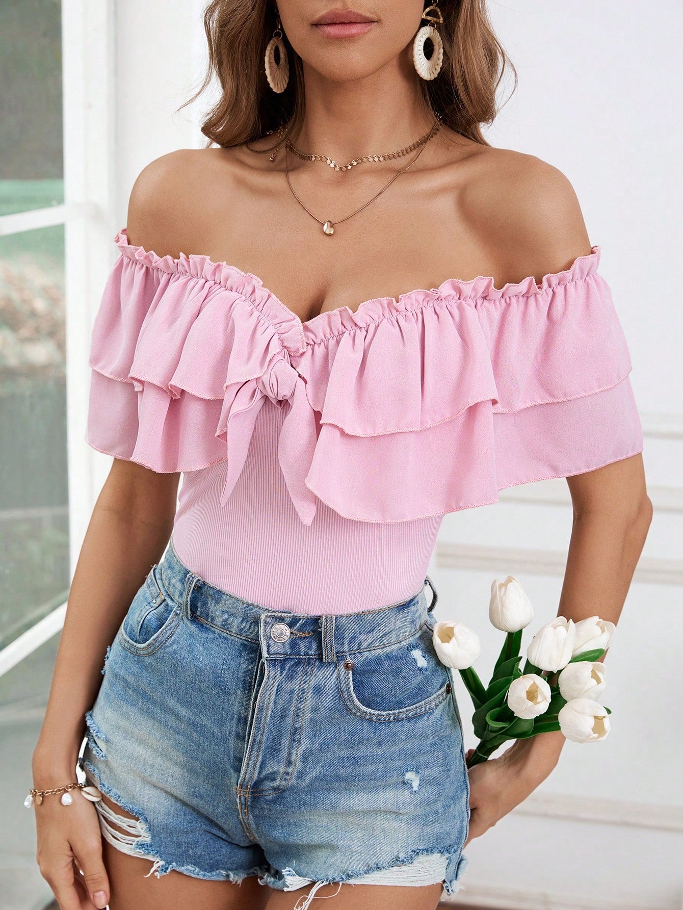 Summer Solid Color Off  Shoulder Neckline Backless T-Shirt With Front Tie