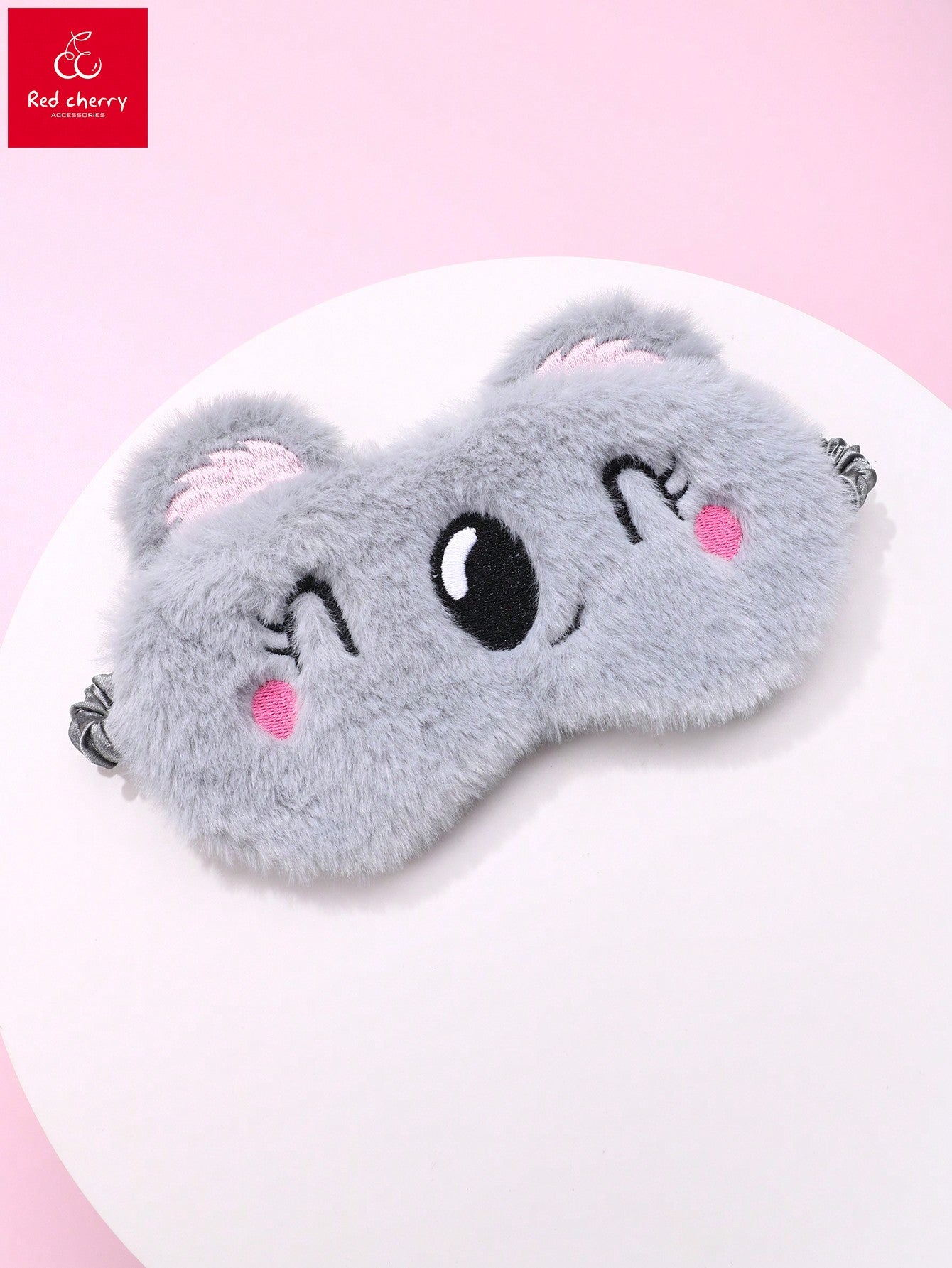 1pc Cute Elastic Soft Sleep Eye Mask For Girls, With Embroidered Black Eyes And Mouth, Made Of Polyester Short Plush In Light Gray, Suitable For Daily Resting