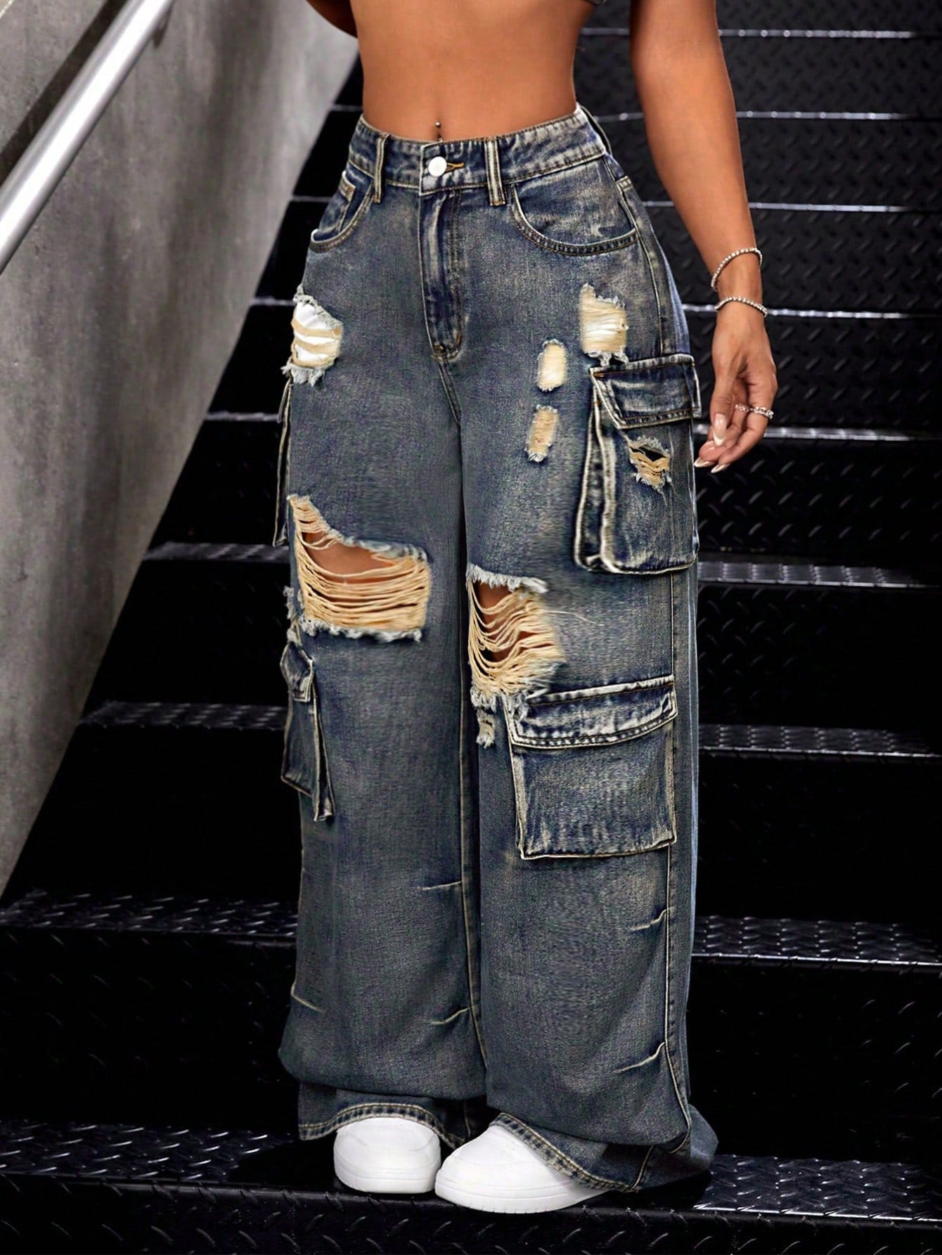 Women\ Hole Ripped Baggy Wide-Leg Casual Denim Jeans With Pockets